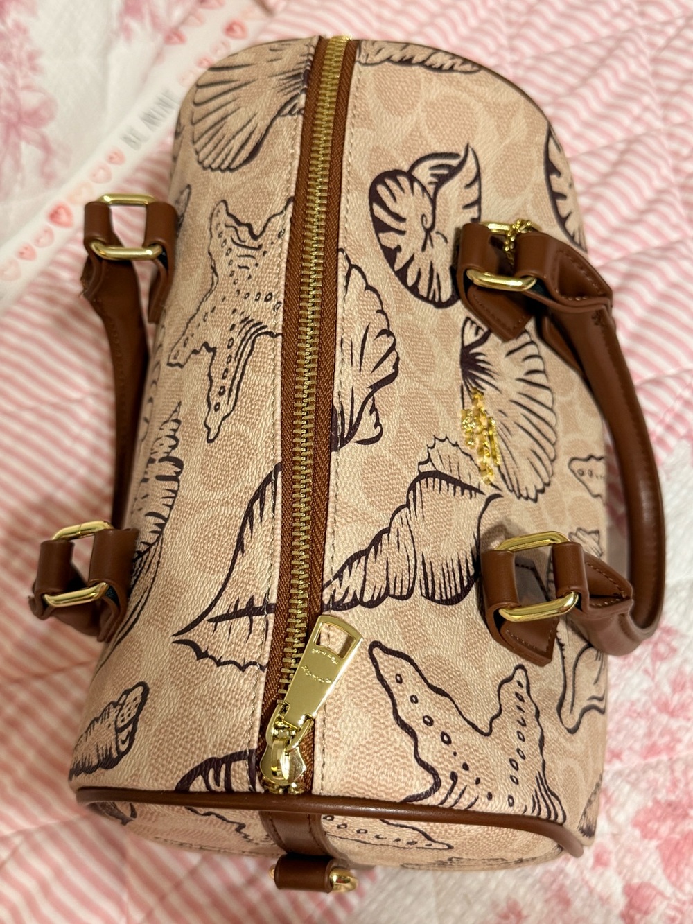 Shell-Print Satchel with Brown Trim - Picture 6 of 13